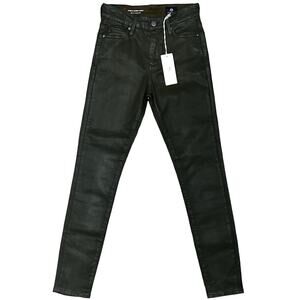 AG High-Rise Faux Leather Jeans Stretch Skinny Denim Pants Sz 25 Dark Green NWT